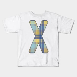 Monogram Letter X, Blue, Yellow and Grey Scottish Tartan Style Typography Design Kids T-Shirt